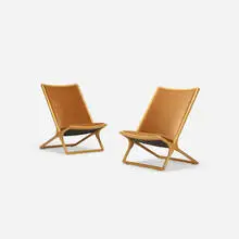 Scissor chairs, pair by Ward Bennett, 1968, ash, upholstery, sold Jul 2017
