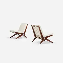 Pierre Jeanneret, Scissor chairs, pair, 1950, lacquered birch, upholstery, canvas, aluminum