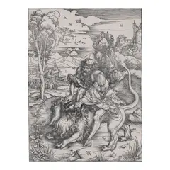 Albrecht Durer, Samson Rending the Lion (Bartsch 2, Meder, Hollstein 107, Schoch Mende Scherbaum 127), c. 1496-97, Woodcut on laid paper with Large Imperial Orb watermark (Meder 53), Meder's state a (of d), trimmed to or just within borderline