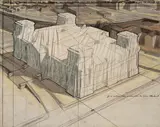 WRAPPED REICHSTAG by Christo, 1978, Collage (Bleistift, Stoff, Bindfaden, Pastell, Zeichenkohle und Buntstift) auf Karton, unter Plexiglas gerahmt, sold Nov 2008