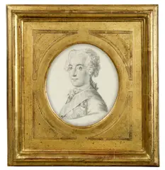Adolph von Menzel, Brustbild Friedrichs des Großen als junger König, Um 1840, Bleistift auf Papier, auf goldbemalten Karton montiert. Durchmesser: 16 cm (6 ¼ in.)