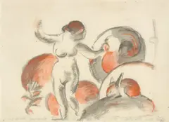 Franz Marc, Stehender weiblicher Akt mit Kaninchen, 1912, Aquarell auf dünnem Papier