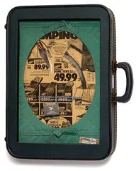 Alexis Smith, Lonesome Traveler, 1989, Collage with matchbook, feather, zipper, suitcase, and newspaper elements