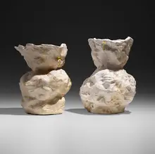 Andrew Lord, Two Vases, Fist and Palm, 1988, crackle-glazed ceramic, epoxy, gold leaf, ink
