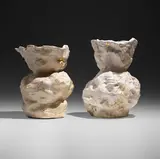 Andrew Lord, Two Vases, Fist and Palm, 1988, crackle-glazed ceramic, epoxy, gold leaf, ink
