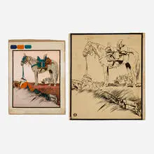 Edward Penfield, Two studies for Algerian Horseman, 1915, ink on paper laid to board, lithograph with ink and gouache laid to board