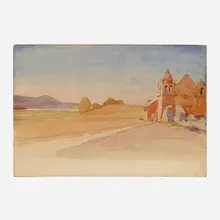 Spanish Church in Landscape by Edward Penfield, c. 1910, watercolor on paperboard, sold May 2023
