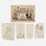 Edward Penfield, Five Studies for My Dutch Treat, graphite and ink on paper, ink on paperboard