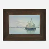 Large marine scenic Vellum plaque with Venice harbor by Carl Schmidt for Rookwood Pottery, c. 1917, glazed earthenware, original frame, sold Jun 2025