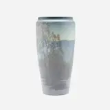 Fine and Monumental scenic Vellum vase with the Canadian Rockies, Calgary by Carl Schmidt for Rookwood Pottery, 1913, glazed earthenware, sold Jun 2025
