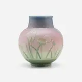 Double Vellum/Decorated Mat presentation vase with spiderworts by Kataro Shirayamadani for Rookwood Pottery, 1936, glazed porcelain, sold Jun 2025