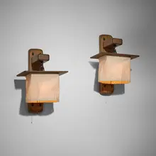 Greene & Greene, Billiard room sconces from the Robert R. Blacker House, Pasadena, California, set of two, c. 1910, oak, ebony, copper, cotton