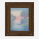 Twilight scenic Vellum plaque with trees and lake by Edward T. Hurley for Rookwood Pottery, c. 1925, glazed earthenware, original frame, sold Jun 2025