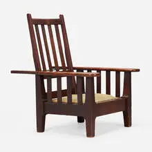 Roycroft, Paddle-arm Morris chair, model 045, c. 1905, oak, iron, canvas