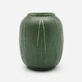 Vase with alternating leaves by Grueby Faience Company, 1899-1910, glazed earthenware, sold Mar 2025