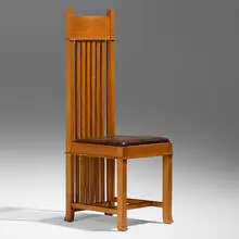 Frank Lloyd Wright, Tall spindle chair from the R.W. Evans House, Chicago, c. 1908, oak, leather upholstery