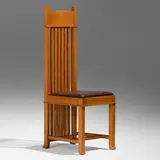 Frank Lloyd Wright, Tall spindle chair from the R.W. Evans House, Chicago, c. 1908, oak, leather upholstery