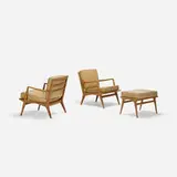 Carlo de Carli, pair of lounge chairs, model 114 and ottoman, model 143, c. 1950, mahogany, vinyl