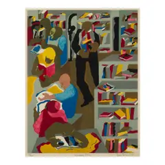 Schomburg Library (Nesbett L87-1) by Jacob Lawrence, 1987, Lithograph in colors on wove paper, sold Apr 2026