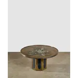 Unique Early Coffee Table by Philip and Kelvin Laverne, patinated and engraved bronze and pewter over wood with enamel cloisonne, sold Mar 2026