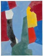 Serge Poliakoff, Composition Rouge Bleu, 1955, Gouache und Kreide auf blauem Ingres-Bütten