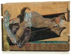 Horst Janssen, Liegender weiblicher Akt, 1977, Aquarell, Tuschfeder, Bleistift, Collage und Assemblage auf Packpapier