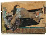 Horst Janssen, Liegender weiblicher Akt, 1977, Aquarell, Tuschfeder, Bleistift, Collage und Assemblage auf Packpapier