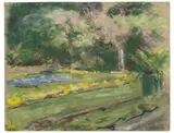Max Liebermann, Die Blumenterrasse im Wannseegarten nach Nordwesten, Um 1927, Pastell auf hellgrauem Papier (aus einem Zeichenblock)