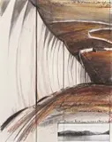 Christo, Running Fence (Project for Sonoma and Marin Counties), 1976, Schwarze und farbige Kreide sowie Fotografie auf leichtem Karton, unter Acrylglas gerahmt
