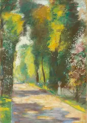 Lesser Ury, Sonniger Parkweg (Hauptallee im Park Sanssouci, Potsdam?), 1924, Pastell auf Pappe