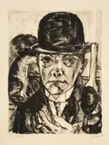 Max Beckmann, Selbstbildnis mit steifem Hut, 1921, Kaltnadel auf Bütten