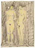 Otto Mueller, Zwei stehende weibliche Akte, Um 1923, Farbkreiden auf Papier mit Prägung