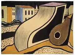 Werner Heldt, Berliner Stadtbild, vorn Stilleben mit Mandoline, 1950, Aquarell, Gouache und Kohle auf Papier, auf Japanpapier aufgezogen