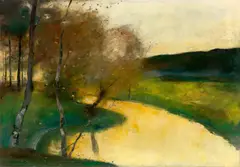Lesser Ury, Herbstliche Bachlandschaft im Abendlicht, Thüringen, Um 1900, Öl auf Leinwand. Doubliert
