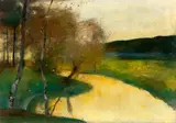 Lesser Ury, Herbstliche Bachlandschaft im Abendlicht, Thüringen, Um 1900, Öl auf Leinwand. Doubliert