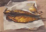 Bohumír Číla, Still Life with Fish, 1951, oil on cardboard