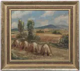 Vojtěch Sedláček, Hay Stacks, 1973, oil, hardboard