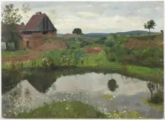 Josef Multrus, Landscape with a Pond, Around 1930, oil on cardboard