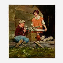 Herbert Paus, Children with Toy Plane, oil on canvas