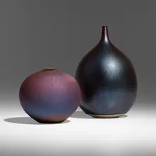 Hideaki Miyamura, Vases, set of two, c. 1990, Blue Hare's Fur-glazed porcelain