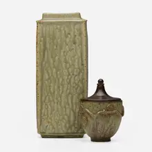 Arne Bang, Vase and covered bowl, c. 1940, 1960, glazed stoneware, bronze