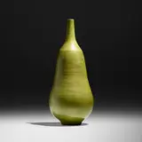 Tall double curve bottle by Gertrud and Otto Natzler, 1962, earthenware with Apple Green Reduction Fired glaze, sold Apr 2023