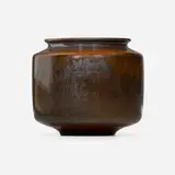 Double curve bowl with inverted rim by Gertrud and Otto Natzler, 1962, earthenware with Brown Rabbit Hare glaze, sold Apr 2023