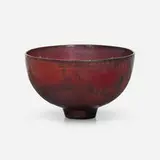Footed bowl by Gertrud and Otto Natzler, 1966, earthenware with Sang and Green Nocturne Copper Reduction Fired glaze with melt fissures, sold Apr 2023