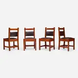 Greene & Greene, Chairs, set of four, oak, ebony, leather, brass