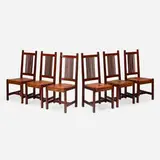 Spindle dining chairs model 1204, set of six by L. & J.G. Stickley from the Onondaga Shops, c. 1906, mahogany, leather, iron, sold Mar 2025