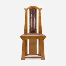 George Washington Maher, Dining chair from Rockledge, the E.L. King House, Homer, Minnesota, c. 1912, oak, leather, brass