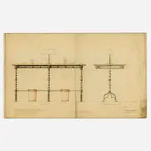 Samuel Yellin, Study of Wrot Iron Check Desks for the First Pennsylvania Bank (Packard Building), Philadelphia, 1924, graphite and colored pencil on tracing paper