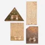 Collection of four wall-hanging objects by George E. Ohr, c. 1895-96, bisque earthenware, glazed earthenware, sold Dec 2024
