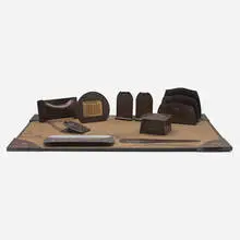 Roycroft, Bleeding Heart desk set, model 718, c. 1921-31, handwrought copper, paper board, cardstock paper, glass